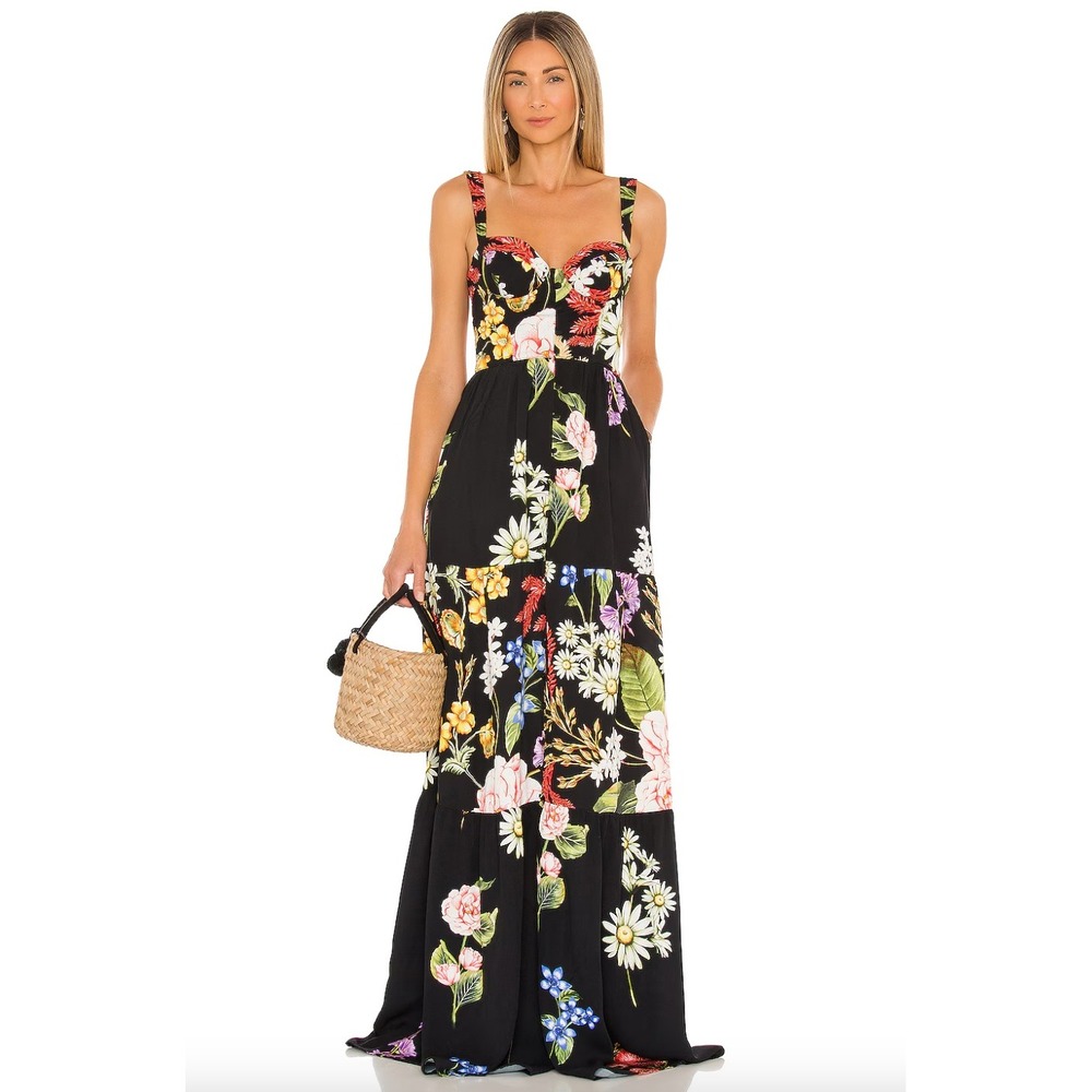 Agua Bendita Dunna Moss Floral Maxi Dress S Black Resort Vacation Corset Fairy